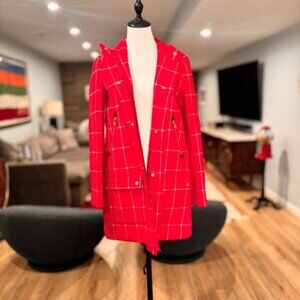 Chateau Parka Red Plaid Windowpane Check 100% Wool Hooded Coat Size 0